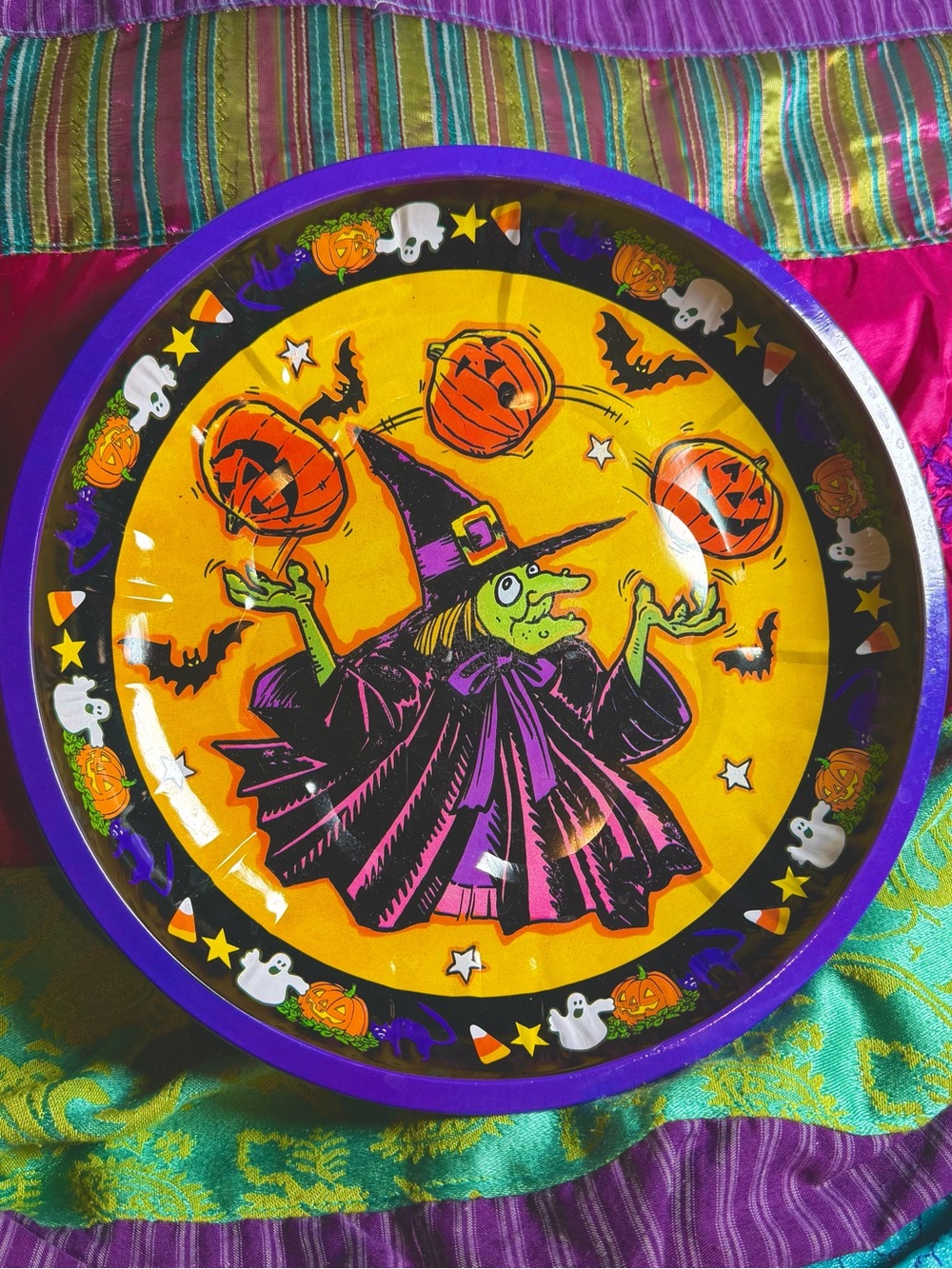 Vintage 90’s Metal Halloween Serving Tray Witch Pumpkins Ghosts